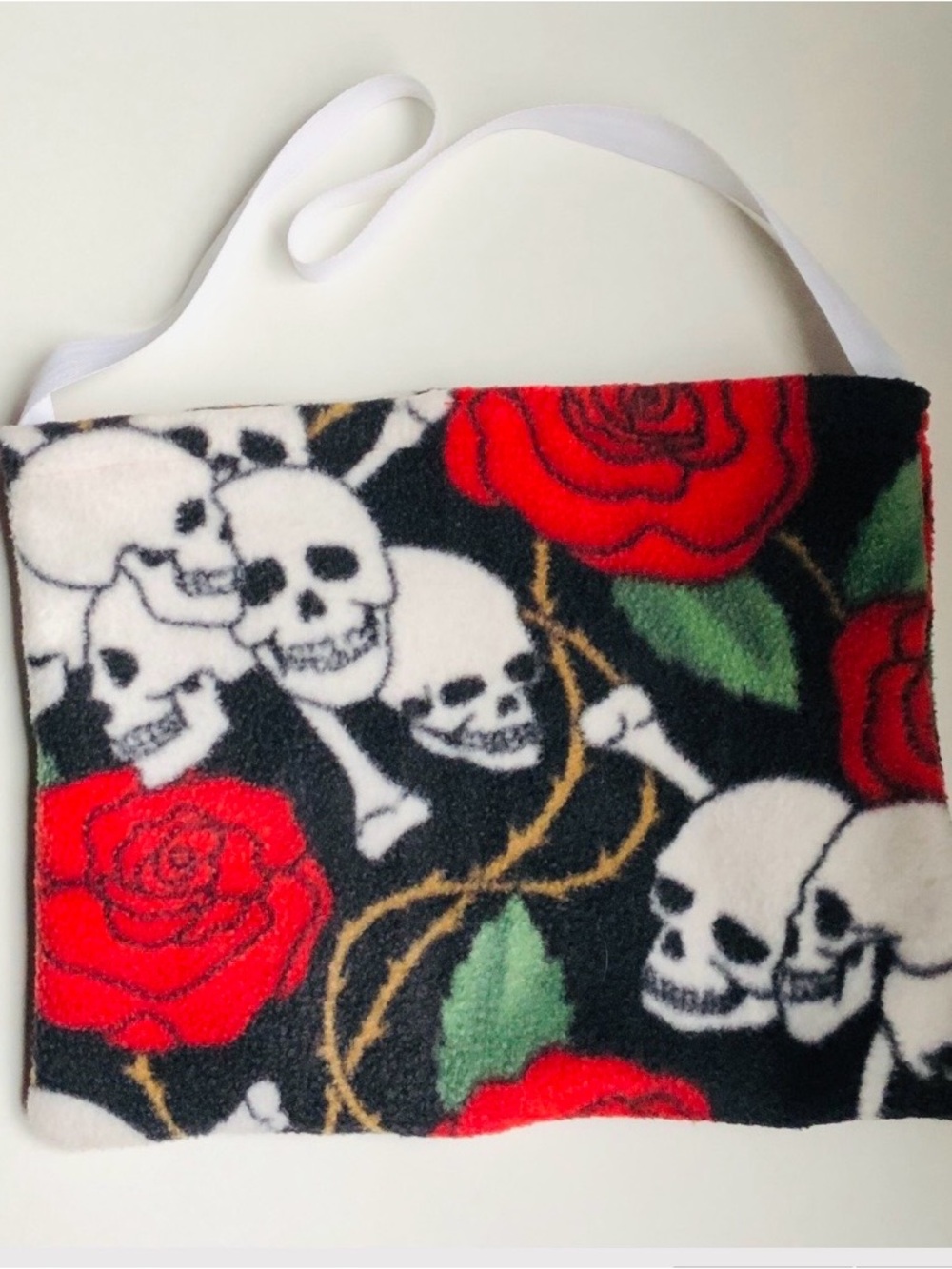 White Skulls Red Roses Fleece Bag with Red Felt Lining Handmade One of a Kind NW